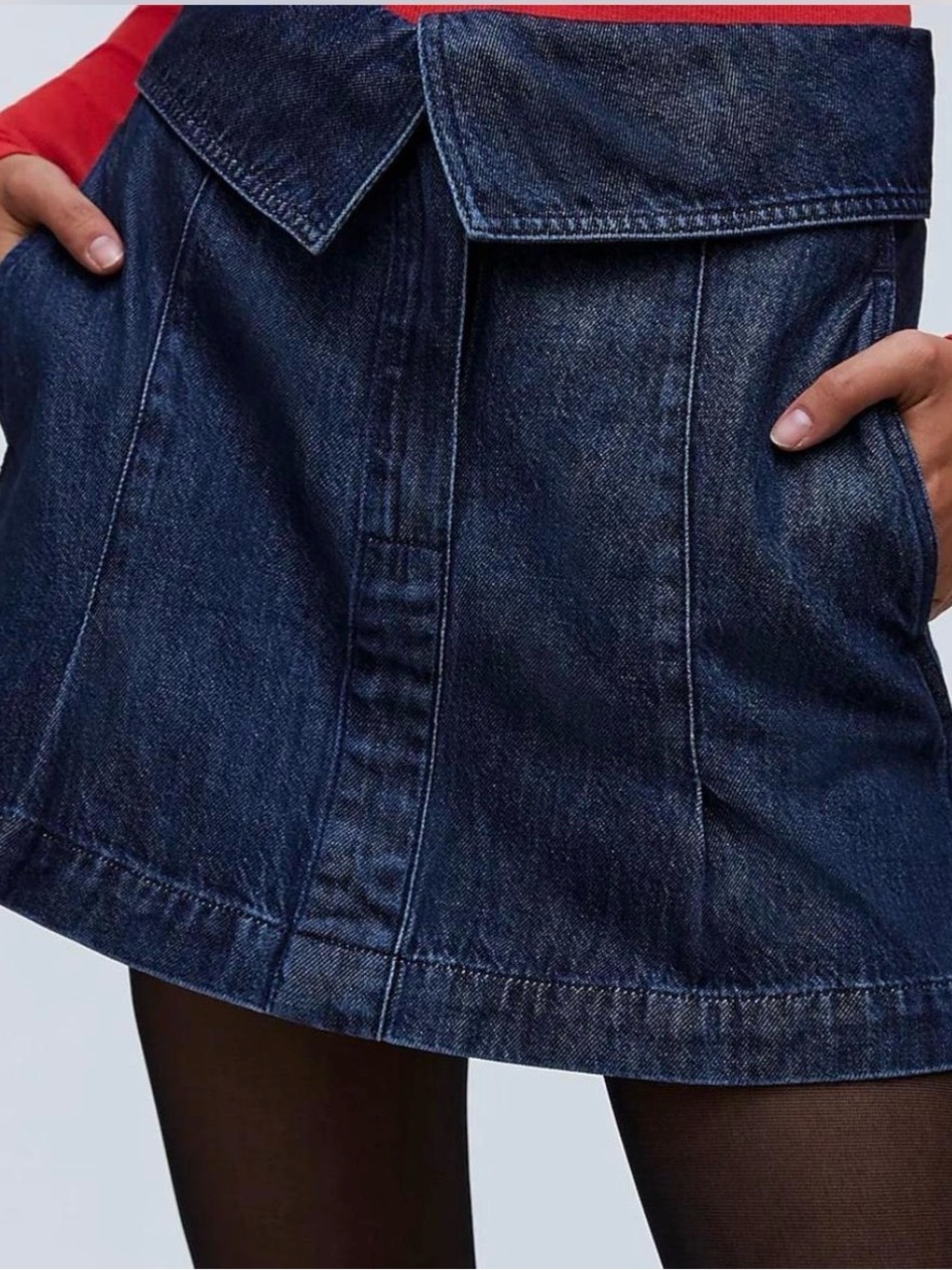 Madewell Dark Wash Denim Foldover Waist Pleated Mini Skirt Pockets - 28 - Picture 3 of 6